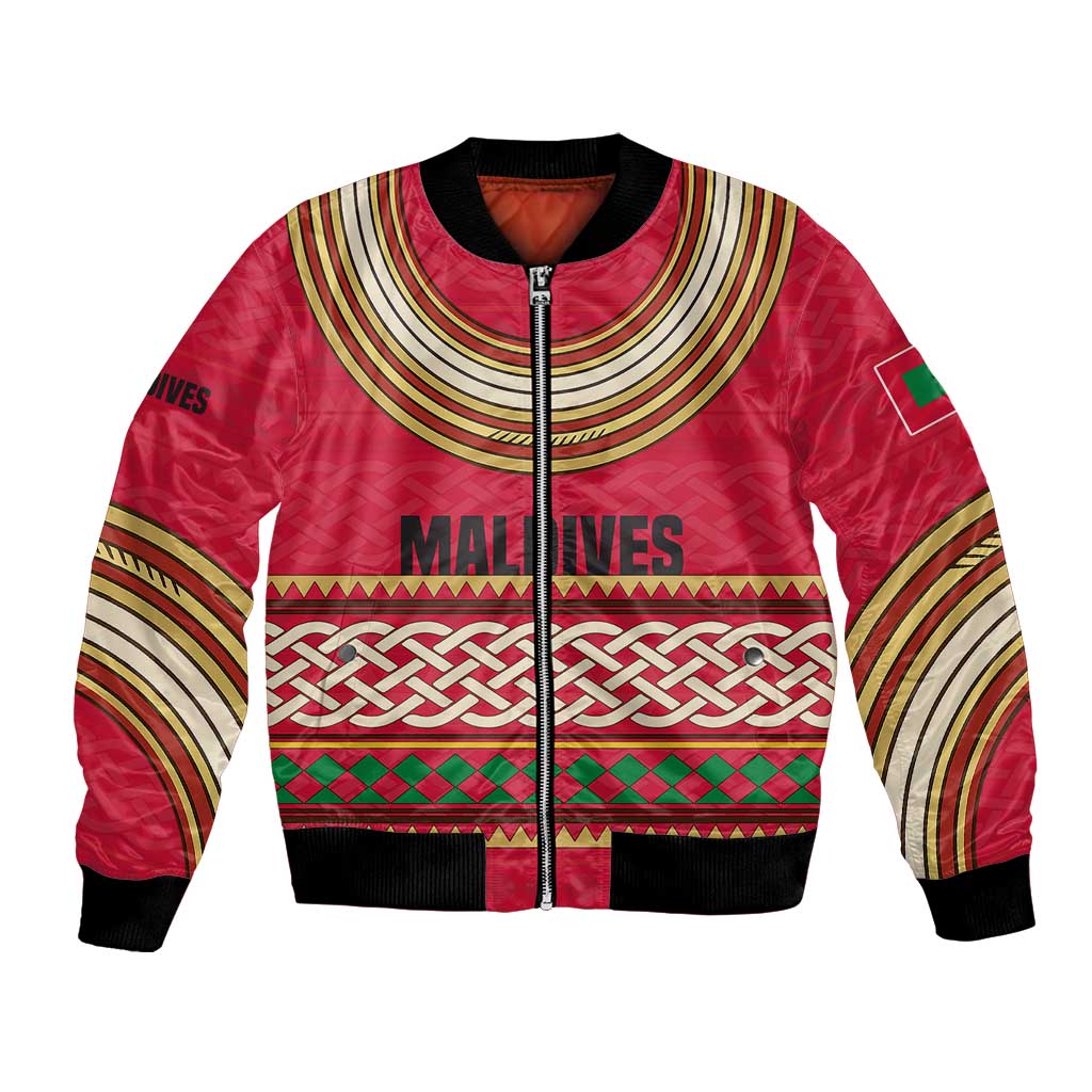 Maldives Tribal Heritage Red Bomber Jacket with Cultural Geometric Pattern and Island Flag Print