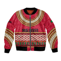 Maldives Tribal Heritage Red Bomber Jacket with Cultural Geometric Pattern and Island Flag Print