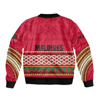 Maldives Tribal Heritage Red Bomber Jacket with Cultural Geometric Pattern and Island Flag Print