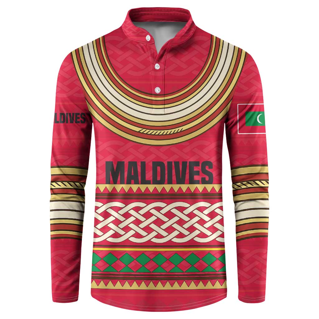 Maldives Tribal Heritage Red Button Sweatshirt with Cultural Geometric Pattern and Island Flag Print