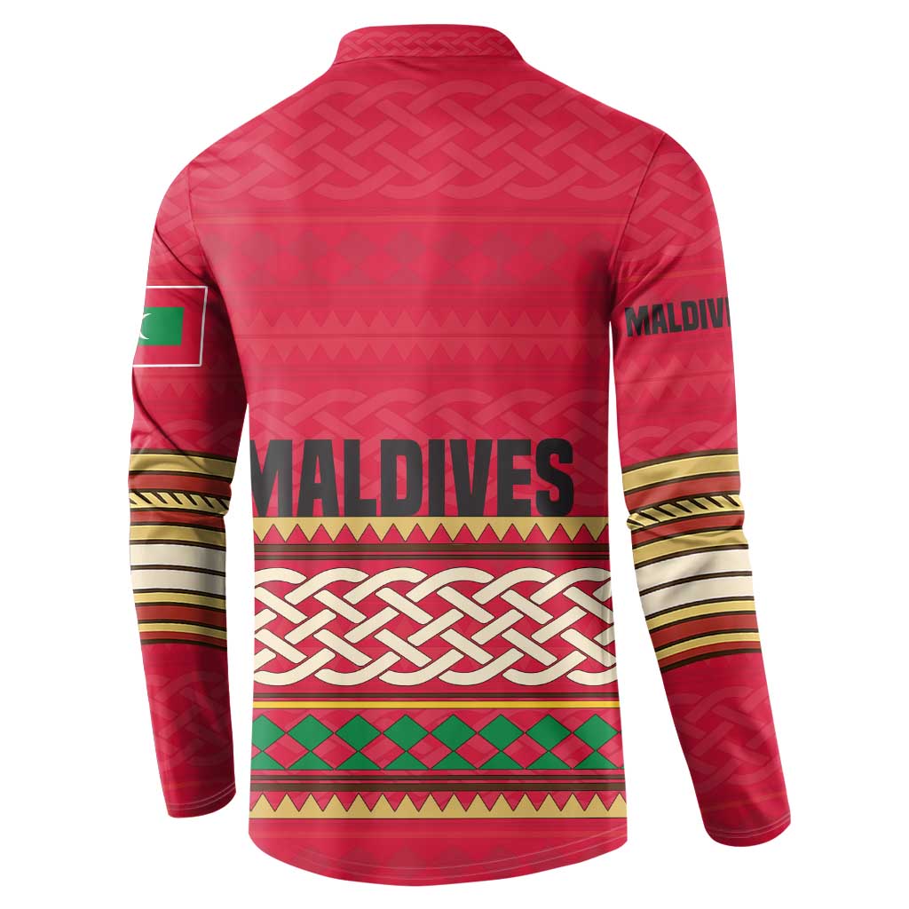 Maldives Tribal Heritage Red Button Sweatshirt with Cultural Geometric Pattern and Island Flag Print