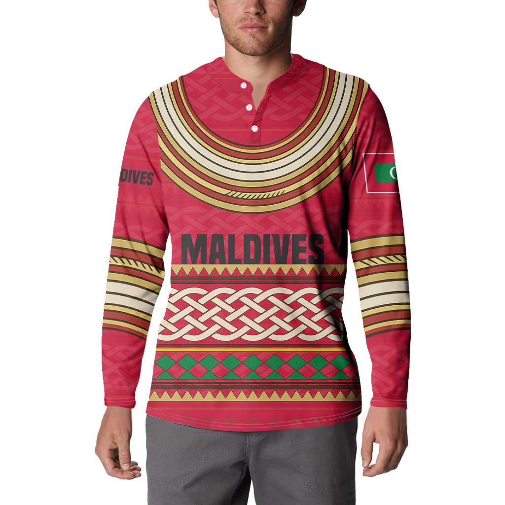 Maldives Tribal Heritage Red Button Sweatshirt with Cultural Geometric Pattern and Island Flag Print