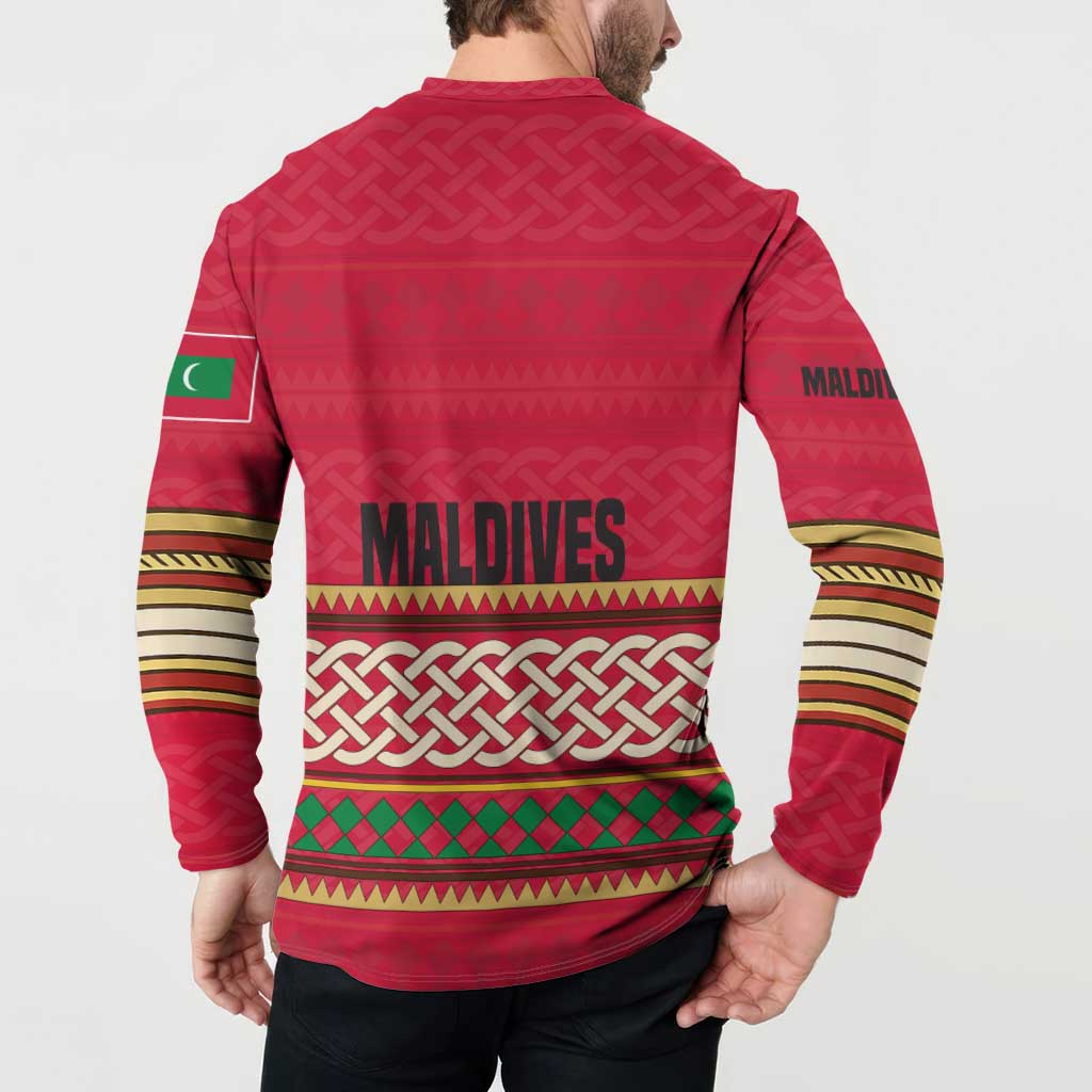 Maldives Tribal Heritage Red Button Sweatshirt with Cultural Geometric Pattern and Island Flag Print
