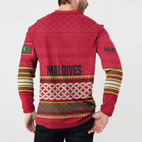 Maldives Tribal Heritage Red Button Sweatshirt with Cultural Geometric Pattern and Island Flag Print