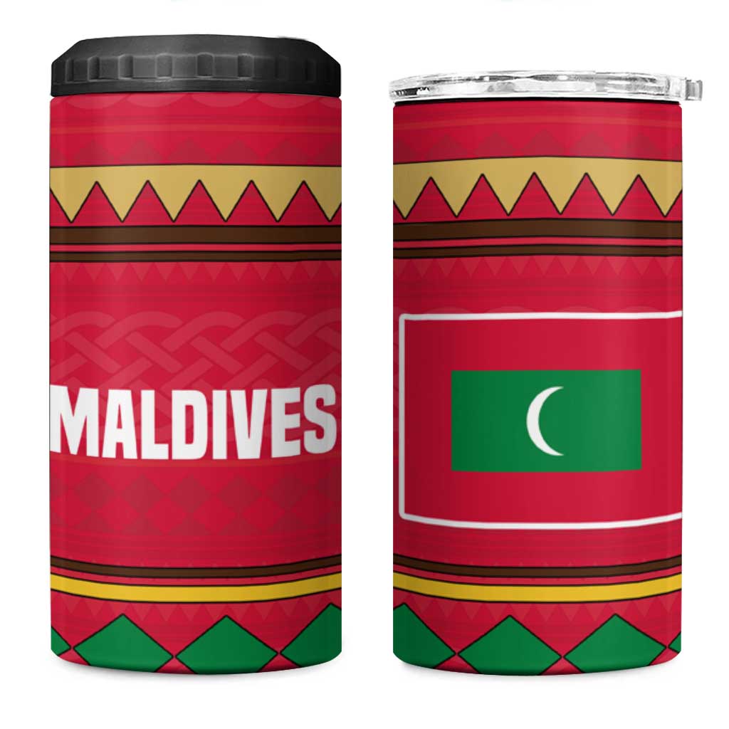 Maldives Tribal Heritage Red 4 in 1 Can Cooler Tumbler with Cultural Geometric Pattern and Island Flag Print