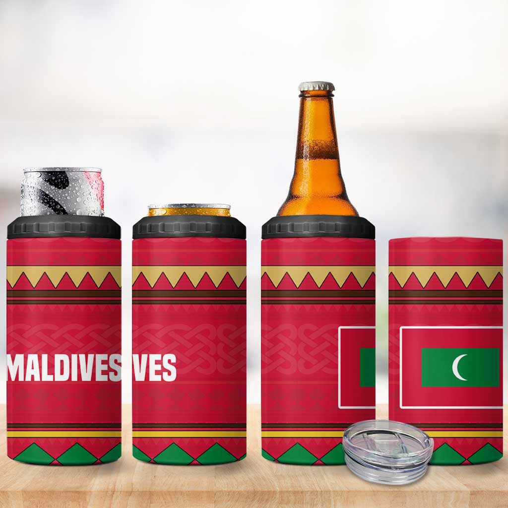 Maldives Tribal Heritage Red 4 in 1 Can Cooler Tumbler with Cultural Geometric Pattern and Island Flag Print