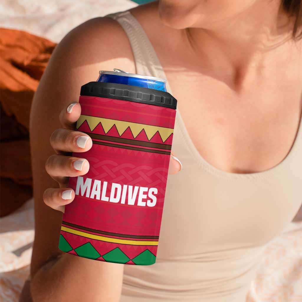 Maldives Tribal Heritage Red 4 in 1 Can Cooler Tumbler with Cultural Geometric Pattern and Island Flag Print