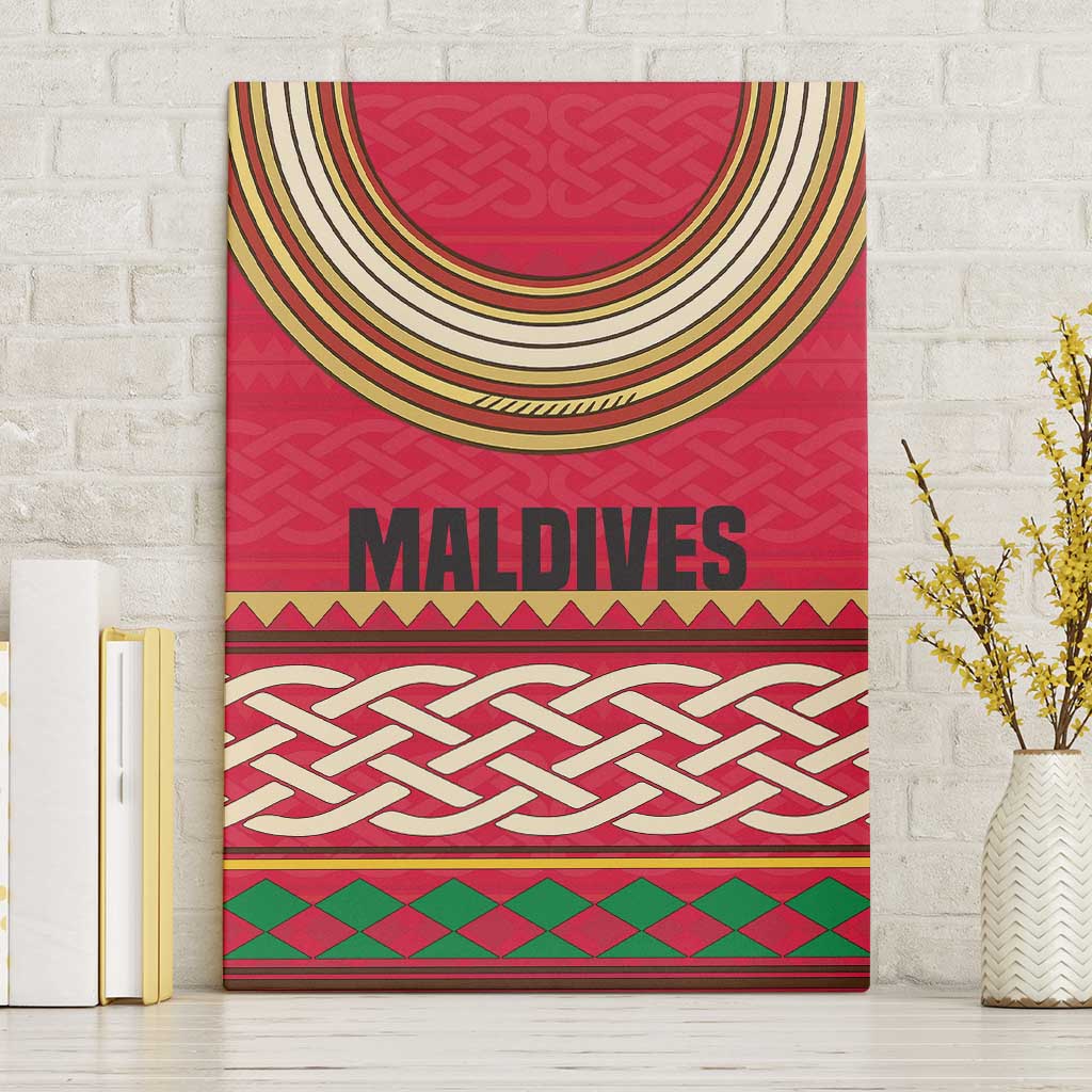 Maldives Tribal Heritage Red Canvas Wall Art with Cultural Geometric Pattern and Island Flag Print