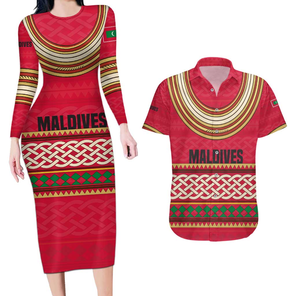 Maldives Tribal Heritage Red Couples Matching Long Sleeve Bodycon Dress and Hawaiian Shirt with Cultural Geometric Pattern and Island Flag Print