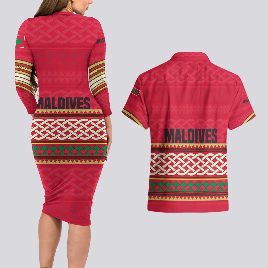 Maldives Tribal Heritage Red Couples Matching Long Sleeve Bodycon Dress and Hawaiian Shirt with Cultural Geometric Pattern and Island Flag Print