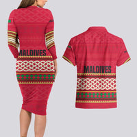 Maldives Tribal Heritage Red Couples Matching Long Sleeve Bodycon Dress and Hawaiian Shirt with Cultural Geometric Pattern and Island Flag Print