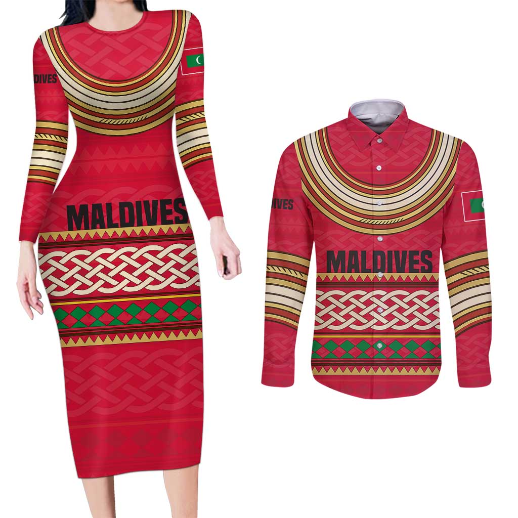Maldives Tribal Heritage Red Couples Matching Long Sleeve Bodycon Dress and Long Sleeve Button Shirt with Cultural Geometric Pattern and Island Flag Print