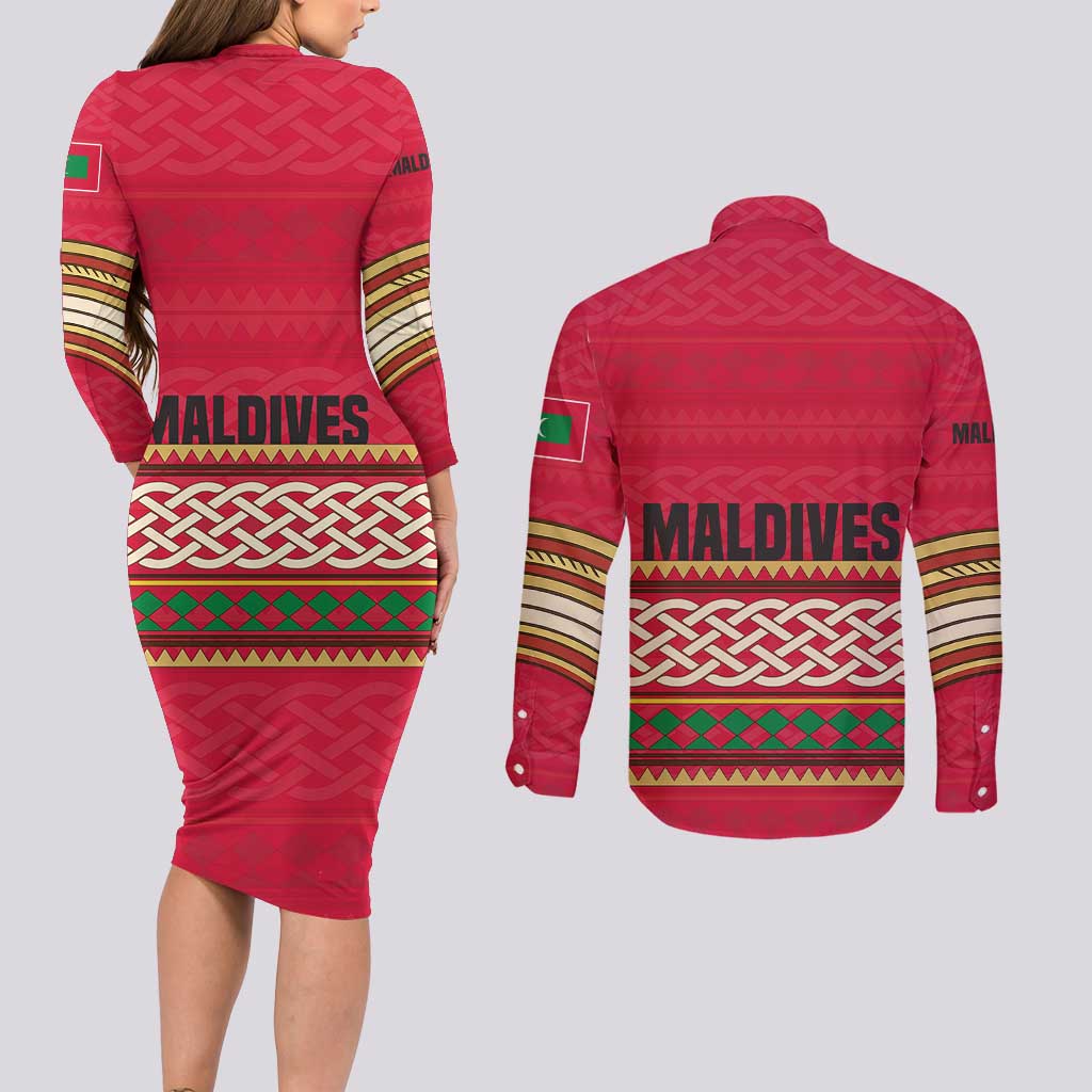 Maldives Tribal Heritage Red Couples Matching Long Sleeve Bodycon Dress and Long Sleeve Button Shirt with Cultural Geometric Pattern and Island Flag Print