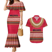 Maldives Tribal Heritage Red Couples Matching Mermaid Dress and Hawaiian Shirt with Cultural Geometric Pattern and Island Flag Print