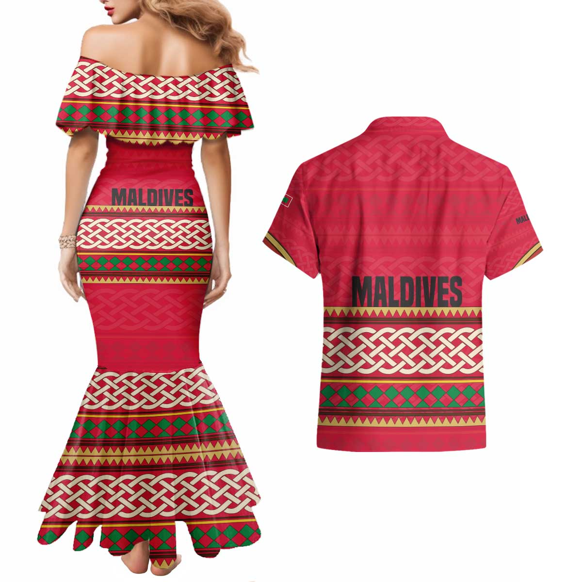 Maldives Tribal Heritage Red Couples Matching Mermaid Dress and Hawaiian Shirt with Cultural Geometric Pattern and Island Flag Print
