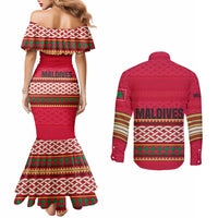Maldives Tribal Heritage Red Couples Matching Mermaid Dress and Long Sleeve Button Shirt with Cultural Geometric Pattern and Island Flag Print