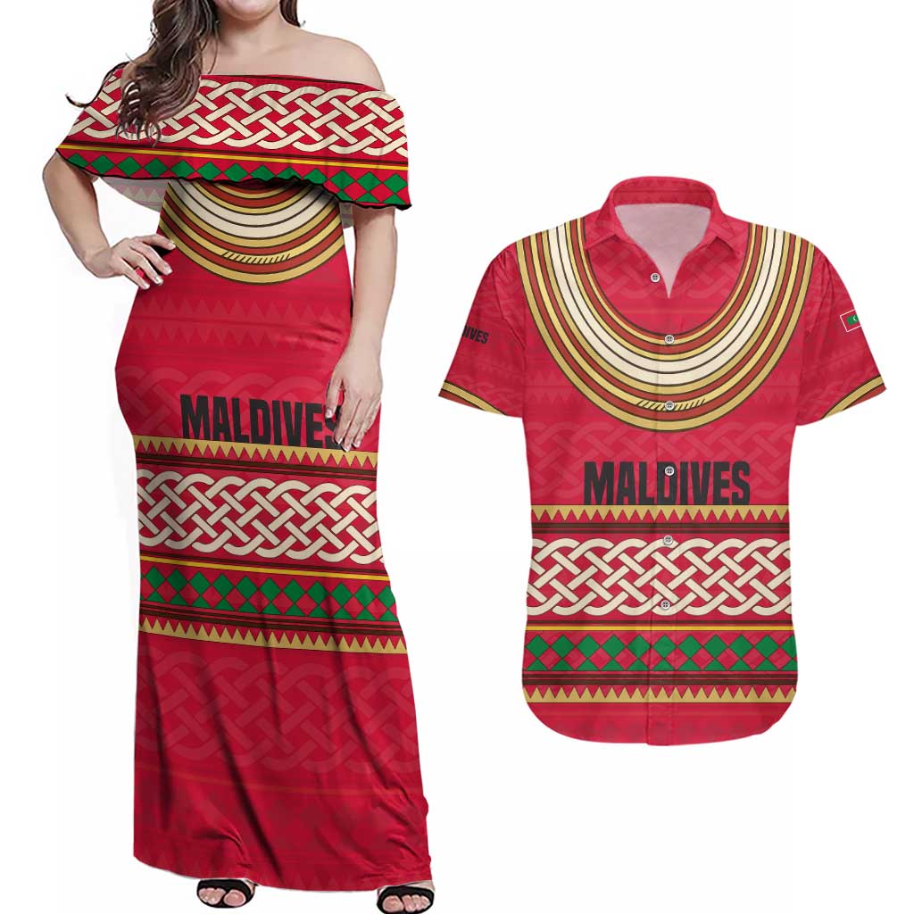 Maldives Tribal Heritage Red Couples Matching Off Shoulder Maxi Dress and Hawaiian Shirt with Cultural Geometric Pattern and Island Flag Print