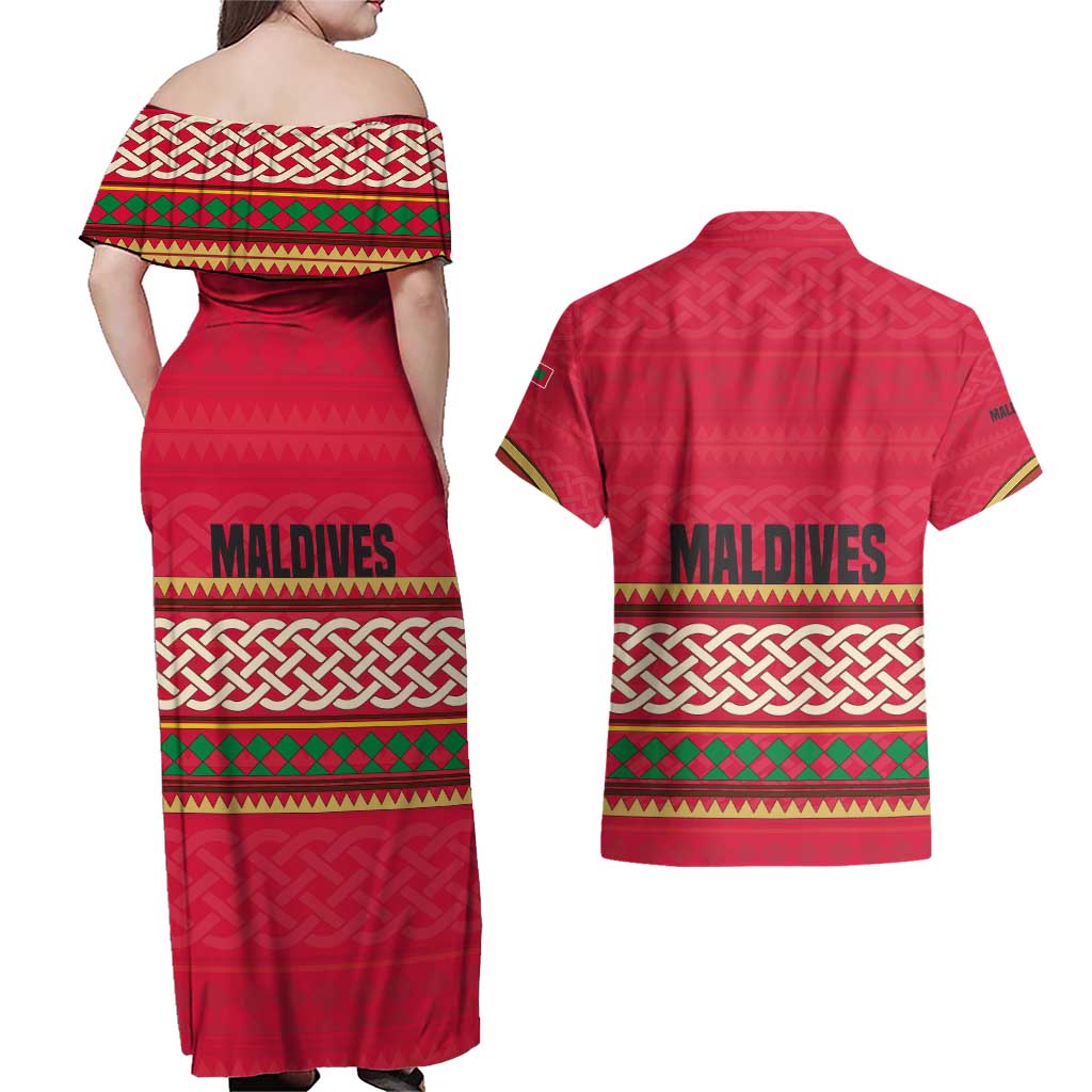 Maldives Tribal Heritage Red Couples Matching Off Shoulder Maxi Dress and Hawaiian Shirt with Cultural Geometric Pattern and Island Flag Print