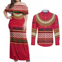 Maldives Tribal Heritage Red Couples Matching Off Shoulder Maxi Dress and Long Sleeve Button Shirt with Cultural Geometric Pattern and Island Flag Print
