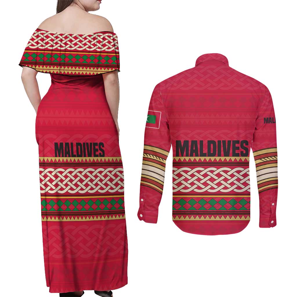 Maldives Tribal Heritage Red Couples Matching Off Shoulder Maxi Dress and Long Sleeve Button Shirt with Cultural Geometric Pattern and Island Flag Print