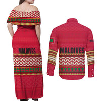 Maldives Tribal Heritage Red Couples Matching Off Shoulder Maxi Dress and Long Sleeve Button Shirt with Cultural Geometric Pattern and Island Flag Print