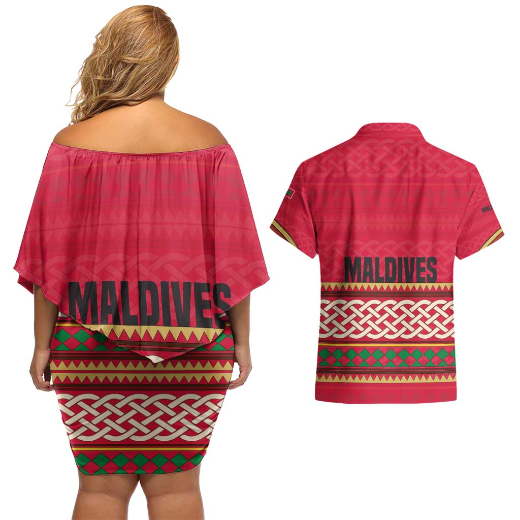 Maldives Tribal Heritage Red Couples Matching Off Shoulder Short Dress and Hawaiian Shirt with Cultural Geometric Pattern and Island Flag Print