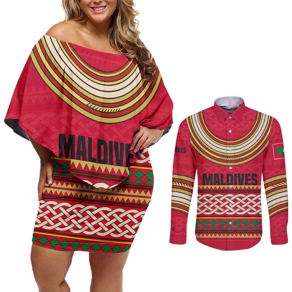 Maldives Tribal Heritage Red Couples Matching Off Shoulder Short Dress and Long Sleeve Button Shirt with Cultural Geometric Pattern and Island Flag Print