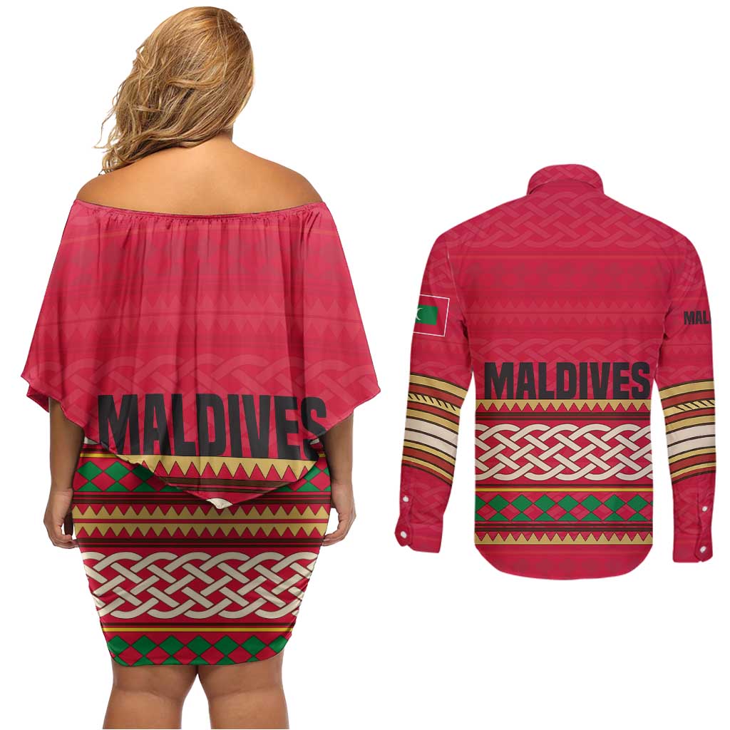 Maldives Tribal Heritage Red Couples Matching Off Shoulder Short Dress and Long Sleeve Button Shirt with Cultural Geometric Pattern and Island Flag Print