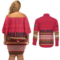 Maldives Tribal Heritage Red Couples Matching Off Shoulder Short Dress and Long Sleeve Button Shirt with Cultural Geometric Pattern and Island Flag Print