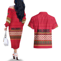 Maldives Tribal Heritage Red Couples Matching Off The Shoulder Long Sleeve Dress and Hawaiian Shirt with Cultural Geometric Pattern and Island Flag Print