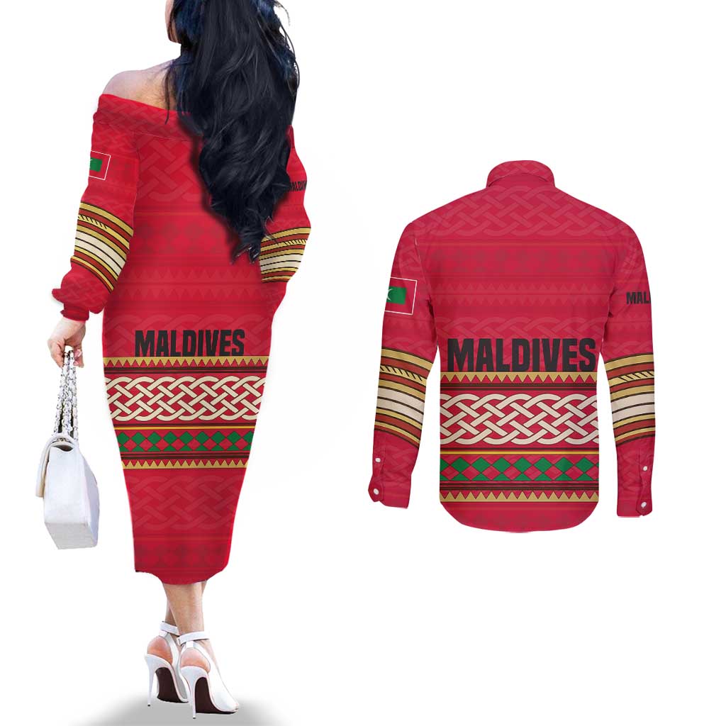 Maldives Tribal Heritage Red Couples Matching Off The Shoulder Long Sleeve Dress and Long Sleeve Button Shirt with Cultural Geometric Pattern and Island Flag Print