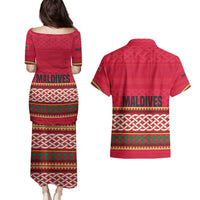 Maldives Tribal Heritage Red Couples Matching Puletasi and Hawaiian Shirt with Cultural Geometric Pattern and Island Flag Print
