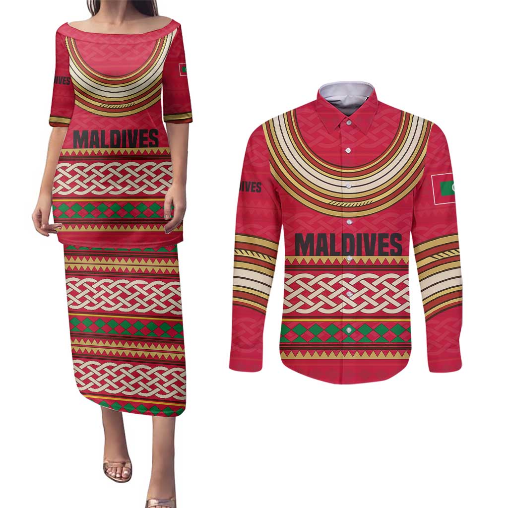 Maldives Tribal Heritage Red Couples Matching Puletasi and Long Sleeve Button Shirt with Cultural Geometric Pattern and Island Flag Print