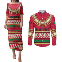 Maldives Tribal Heritage Red Couples Matching Puletasi and Long Sleeve Button Shirt with Cultural Geometric Pattern and Island Flag Print