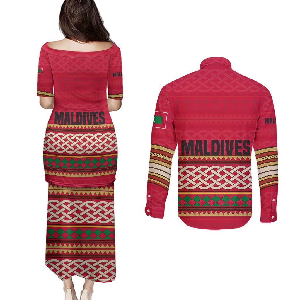Maldives Tribal Heritage Red Couples Matching Puletasi and Long Sleeve Button Shirt with Cultural Geometric Pattern and Island Flag Print