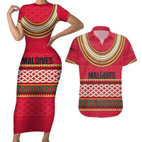 Maldives Tribal Heritage Red Couples Matching Short Sleeve Bodycon Dress and Hawaiian Shirt with Cultural Geometric Pattern and Island Flag Print
