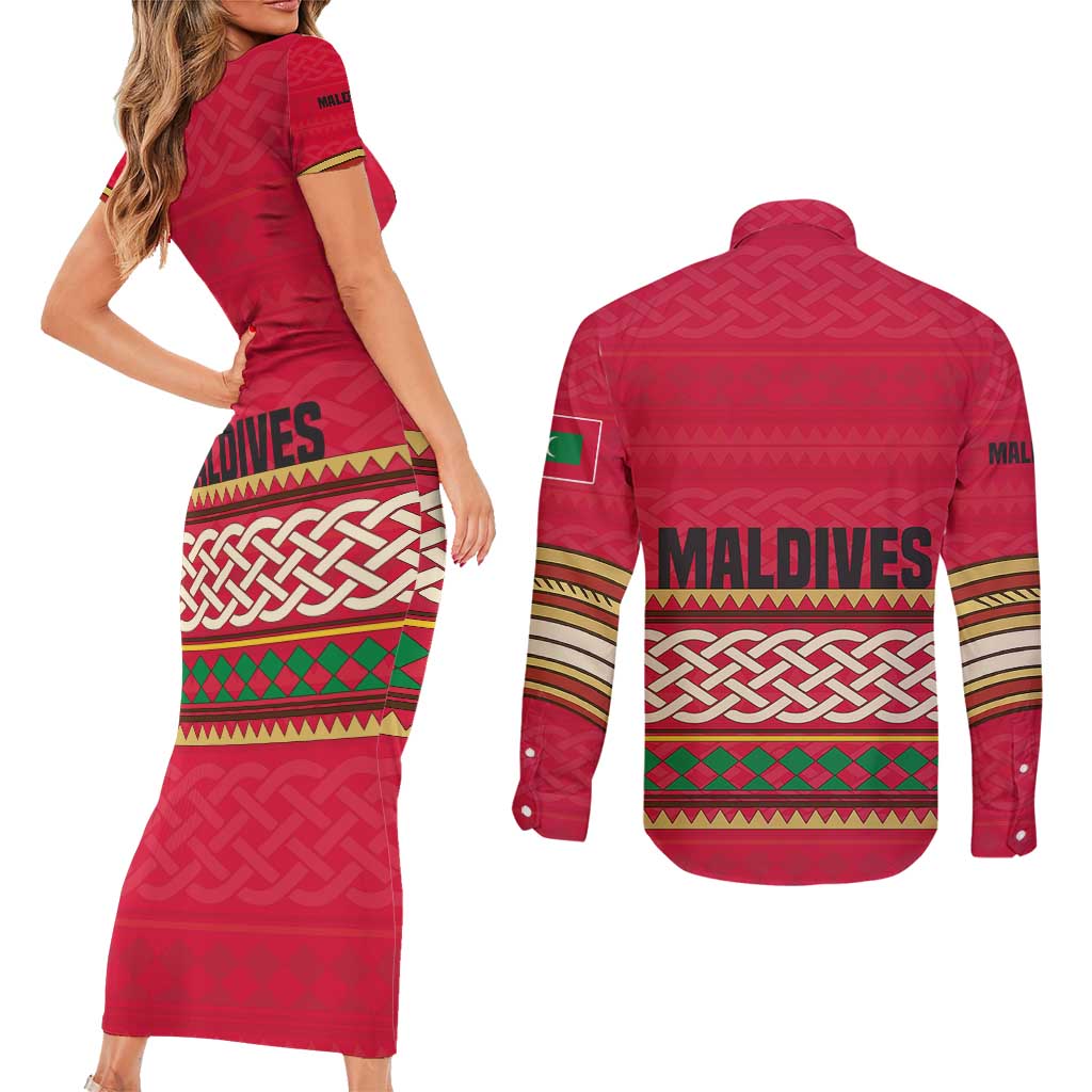 Maldives Tribal Heritage Red Couples Matching Short Sleeve Bodycon Dress and Long Sleeve Button Shirt with Cultural Geometric Pattern and Island Flag Print