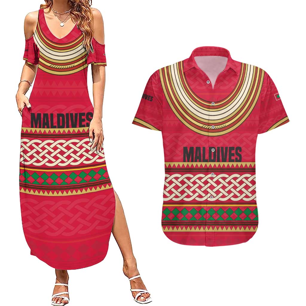Maldives Tribal Heritage Red Couples Matching Summer Maxi Dress and Hawaiian Shirt with Cultural Geometric Pattern and Island Flag Print