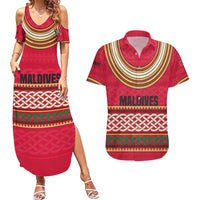 Maldives Tribal Heritage Red Couples Matching Summer Maxi Dress and Hawaiian Shirt with Cultural Geometric Pattern and Island Flag Print