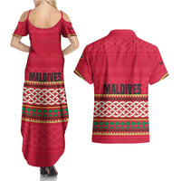 Maldives Tribal Heritage Red Couples Matching Summer Maxi Dress and Hawaiian Shirt with Cultural Geometric Pattern and Island Flag Print