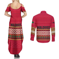 Maldives Tribal Heritage Red Couples Matching Summer Maxi Dress and Long Sleeve Button Shirt with Cultural Geometric Pattern and Island Flag Print