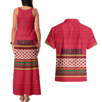 Maldives Tribal Heritage Red Couples Matching Tank Maxi Dress and Hawaiian Shirt with Cultural Geometric Pattern and Island Flag Print