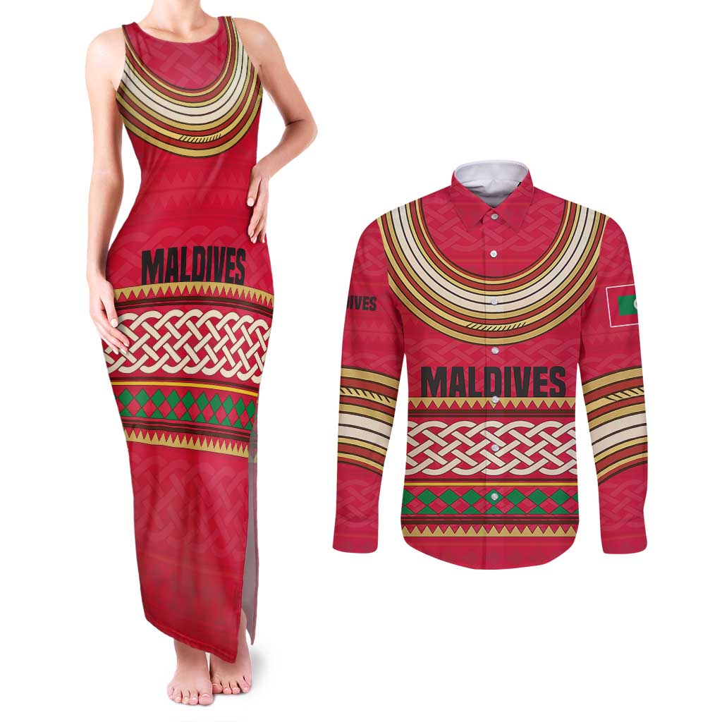 Maldives Tribal Heritage Red Couples Matching Tank Maxi Dress and Long Sleeve Button Shirt with Cultural Geometric Pattern and Island Flag Print