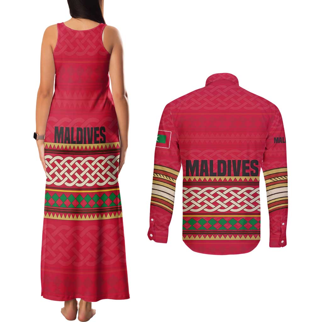 Maldives Tribal Heritage Red Couples Matching Tank Maxi Dress and Long Sleeve Button Shirt with Cultural Geometric Pattern and Island Flag Print