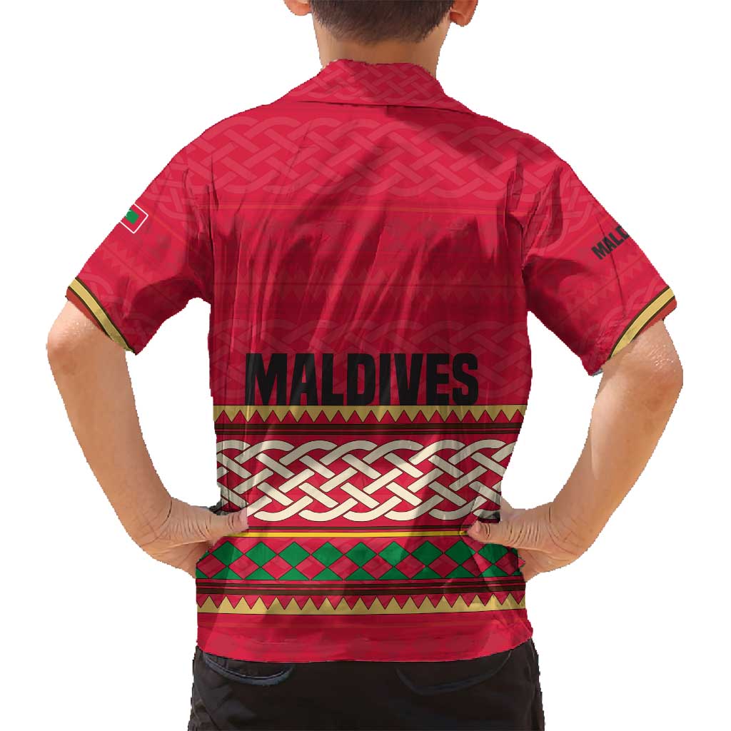 Maldives Tribal Heritage Red Family Matching Long Sleeve Bodycon Dress and Hawaiian Shirt with Cultural Geometric Pattern and Island Flag Print