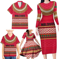 Maldives Tribal Heritage Red Family Matching Long Sleeve Bodycon Dress and Hawaiian Shirt with Cultural Geometric Pattern and Island Flag Print