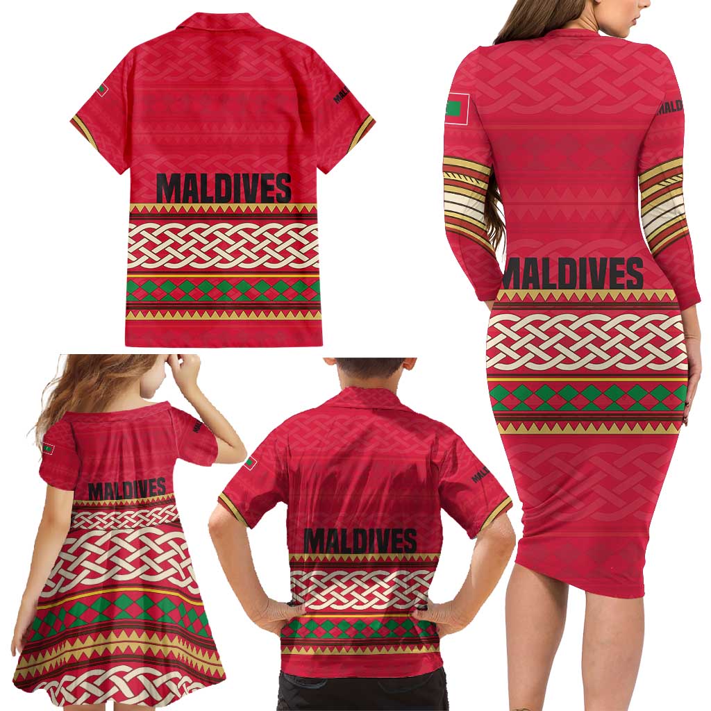 Maldives Tribal Heritage Red Family Matching Long Sleeve Bodycon Dress and Hawaiian Shirt with Cultural Geometric Pattern and Island Flag Print
