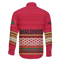 Maldives Tribal Heritage Red Family Matching Long Sleeve Bodycon Dress and Hawaiian Shirt with Cultural Geometric Pattern and Island Flag Print
