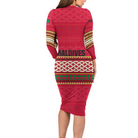 Maldives Tribal Heritage Red Family Matching Long Sleeve Bodycon Dress and Hawaiian Shirt with Cultural Geometric Pattern and Island Flag Print