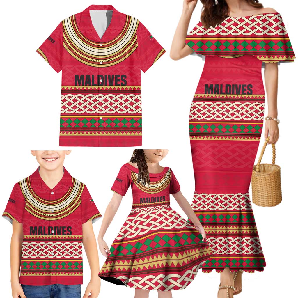 Maldives Tribal Heritage Red Family Matching Mermaid Dress and Hawaiian Shirt with Cultural Geometric Pattern and Island Flag Print